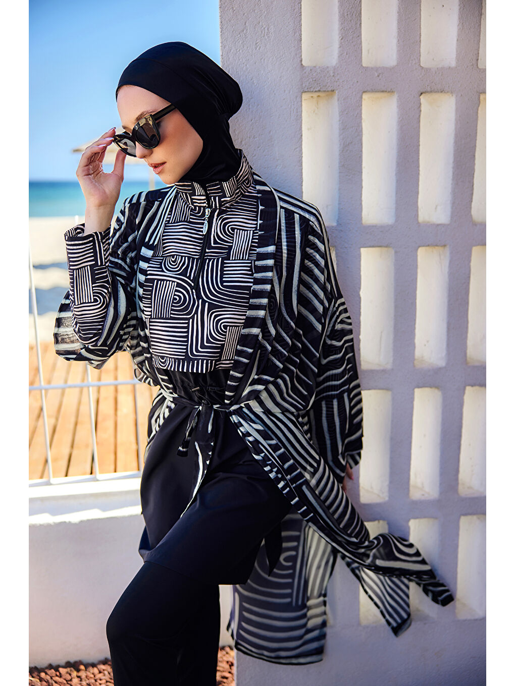 Remsa Tesettür Mayo Üzerine Tek Kaftan Kimono Pareo Siyah02 RP032 Labire-1