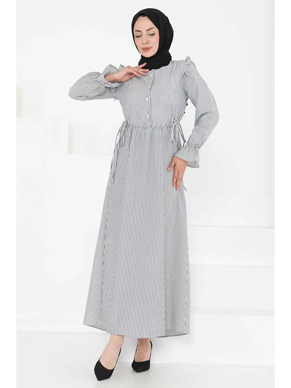 Çizgili Elbise Siyah - 27187-2