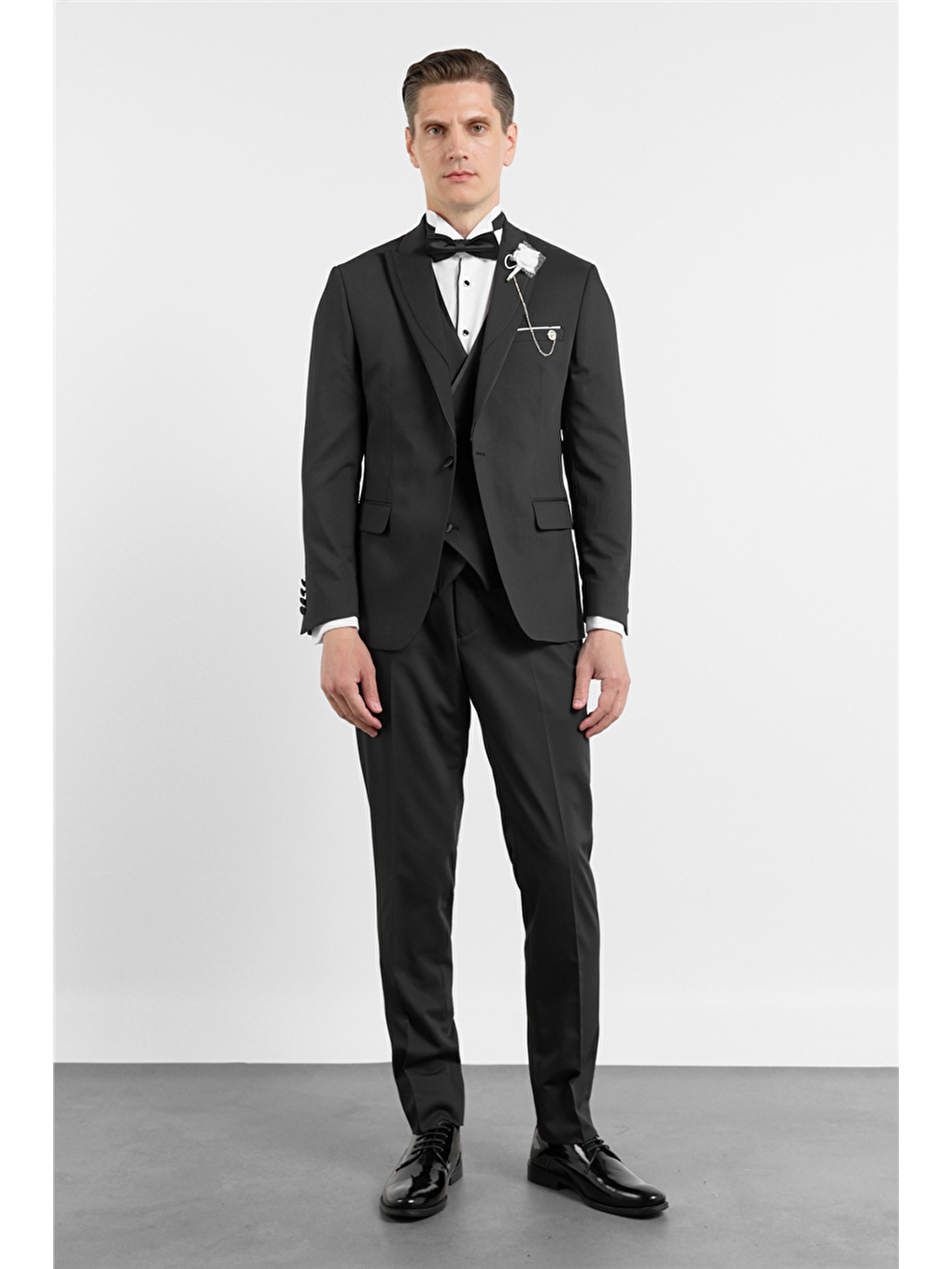 Siyah Kılıç Yaka Düz Desen 6 Drop Slim Fit Esnek Yelekli Takım Elbise 1001260290