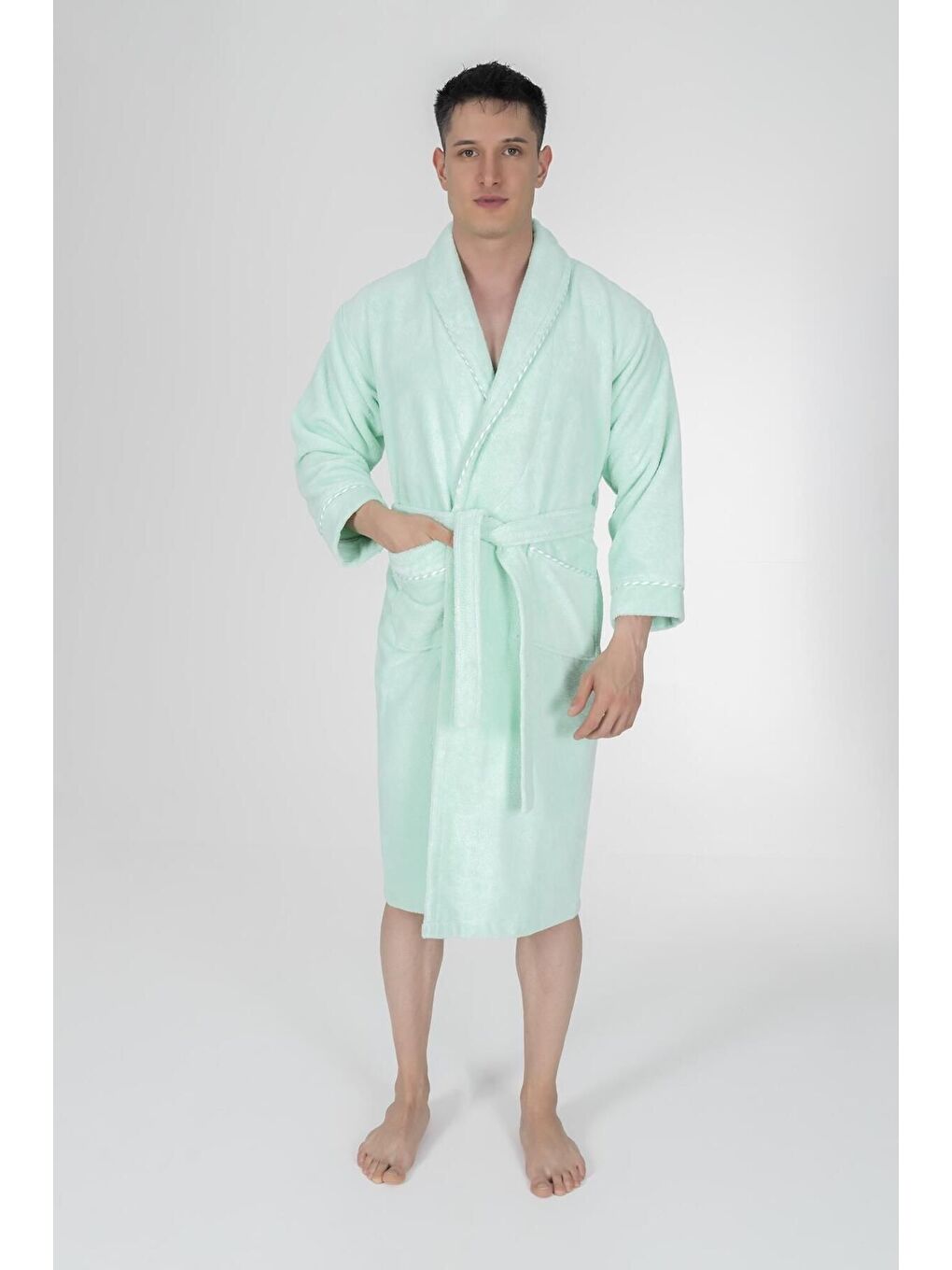 Yeşil Biyeli Şal Yaka Bambu Bornoz MINT/XXXL