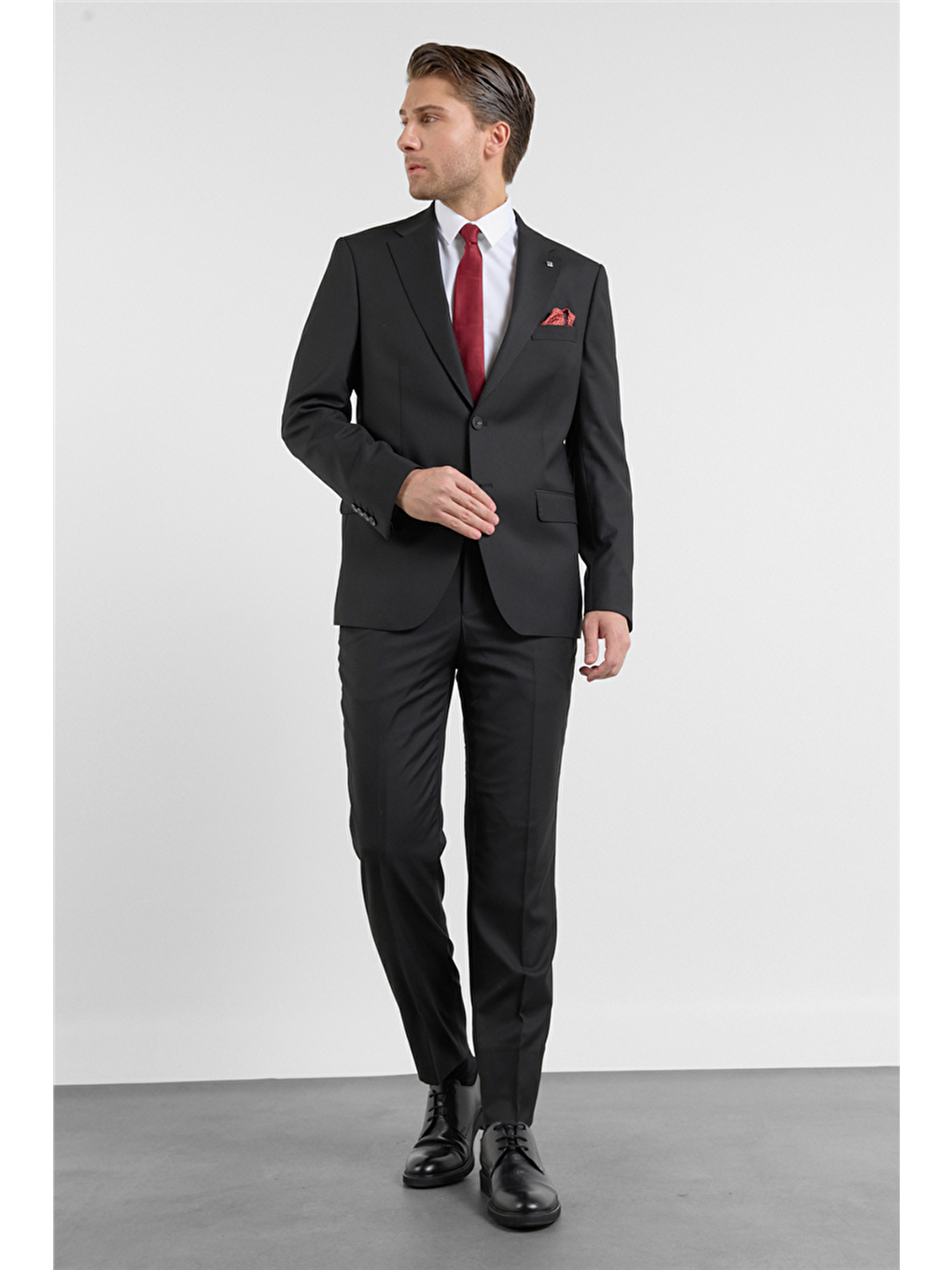 Siyah Mono Yaka Düz Desen 6 Drop Comfort Fit Esnek Bel Takım Elbise 1001260151-2