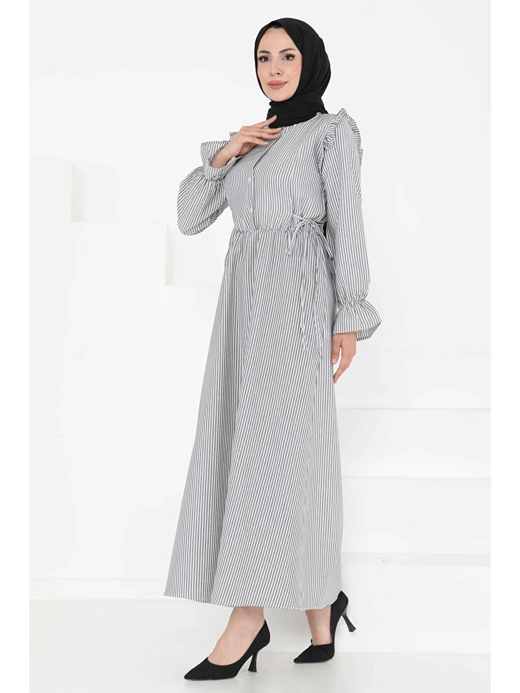 Çizgili Elbise Siyah - 27187-4