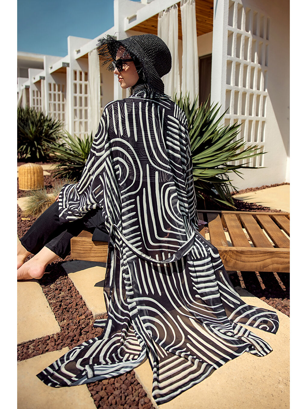 Remsa Tesettür Mayo Üzerine Tek Kaftan Kimono Pareo Siyah02 RP032 Labire-2