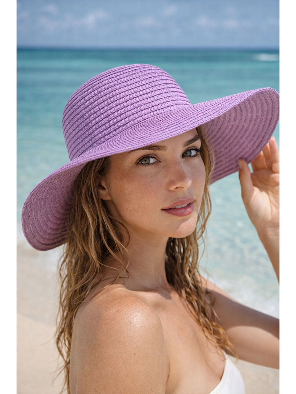 Hasır Geniş Kenarlı Lila Örgü Desenli Moda Ve Fonksiyonel Şapka Güneşten Koruma Hsr2005 PEMBE-2
