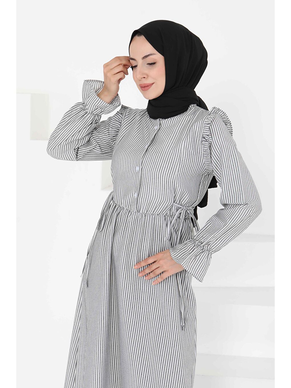 Çizgili Elbise Siyah - 27187-5