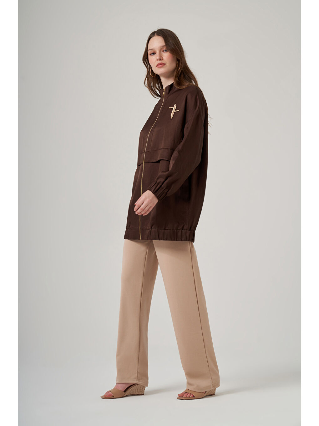 Taş Detay Kap Ceket 6043 Kahverengi-2