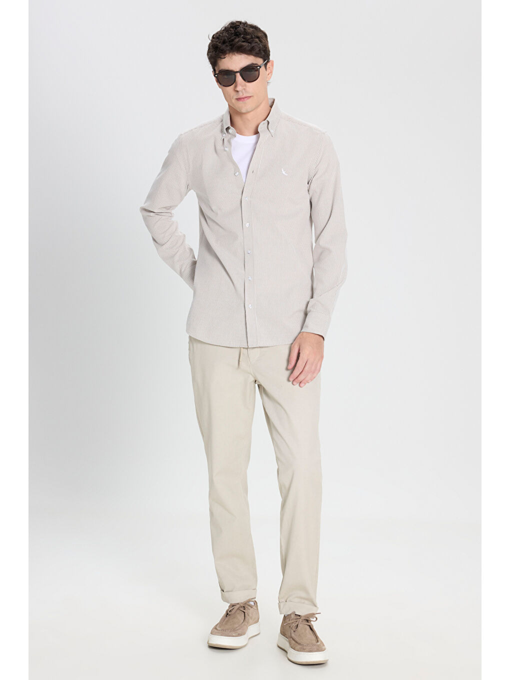 Erkek Bej Pamuklu Dar Kesim Diagonal Desenli Pileli Yan Cep Casual Pantolon-1