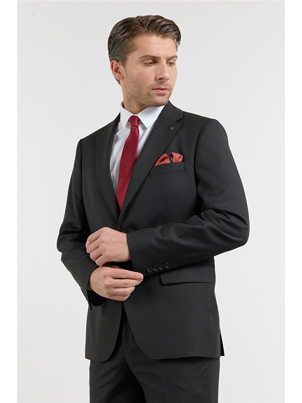 Siyah Mono Yaka Düz Desen 6 Drop Comfort Fit Esnek Bel Takım Elbise 1001260151-3