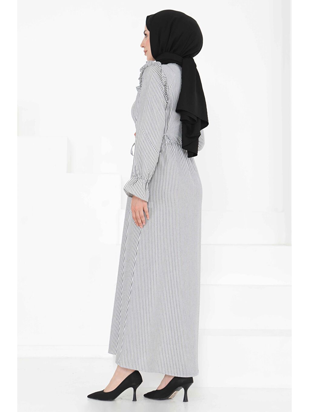 Çizgili Elbise Siyah - 27187-6