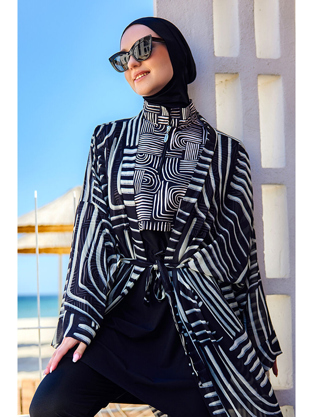 Remsa Tesettür Mayo Üzerine Tek Kaftan Kimono Pareo Siyah02 RP032 Labire-4