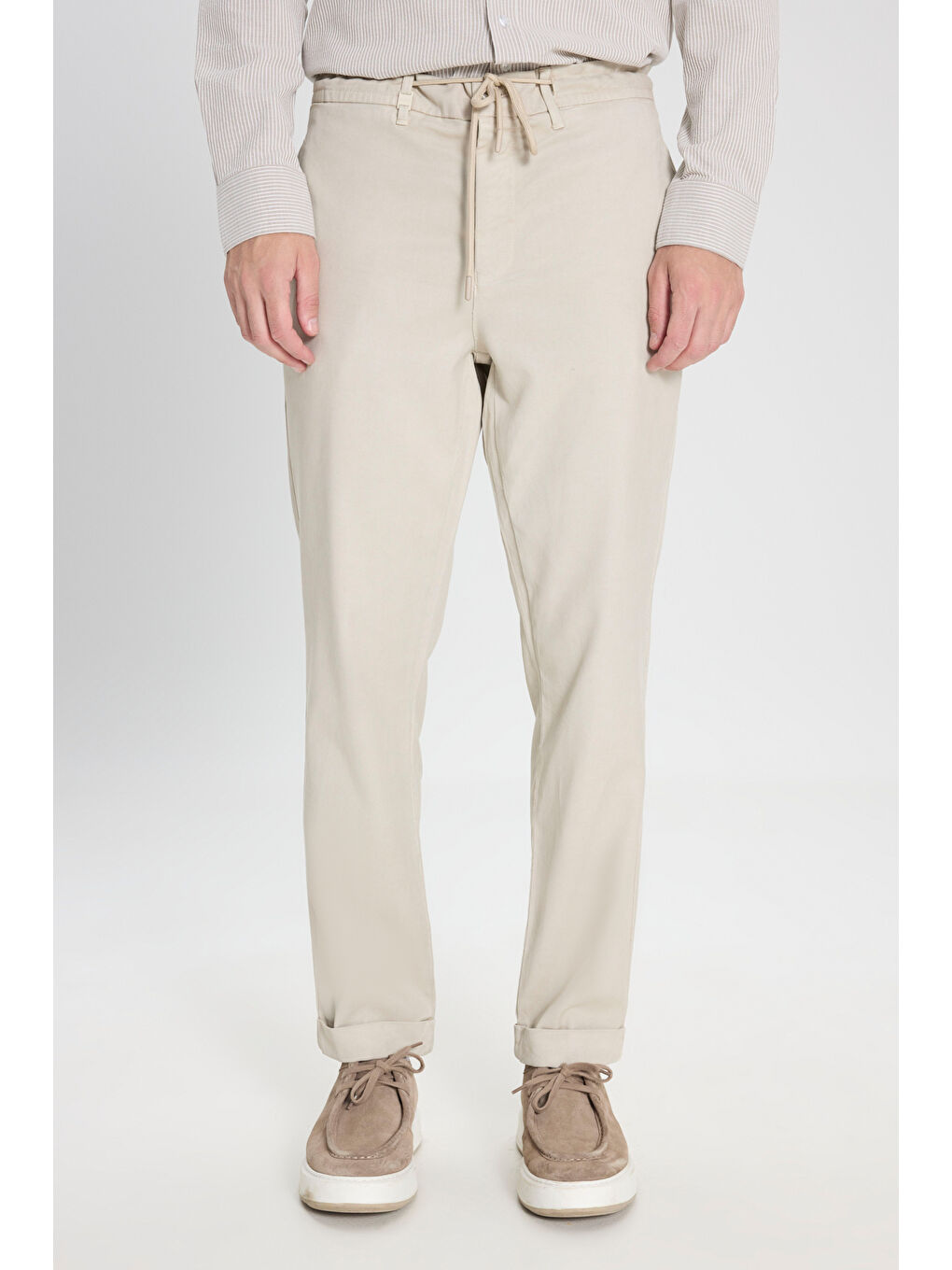 Erkek Bej Pamuklu Dar Kesim Diagonal Desenli Pileli Yan Cep Casual Pantolon-2