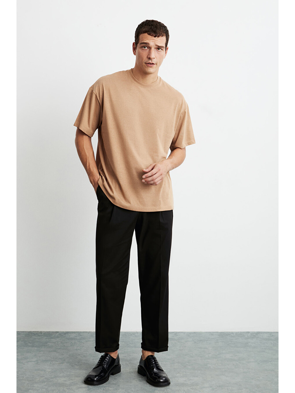 Kahverengi JETT Erkek Oversize Fit %100 organik Pamuk Kalın Dokulu Bisiklet Yakalı KAHVERENGİ T-Shirt-1