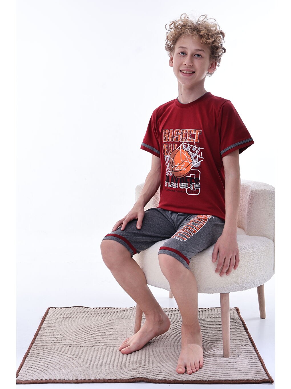 Bordo Erkek Çocuk %100 Doğal Pamuk Kısa Kollu  Kaprili Pijama Takımı-1