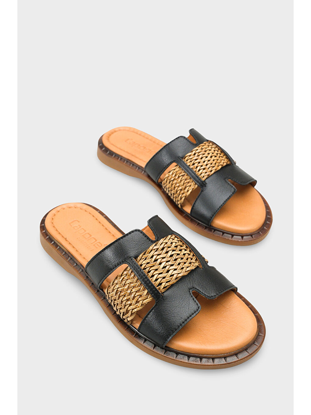 Siyah Kayla Hakiki Deri Hasırlı Düz Topuklu Kadın Terlik-1