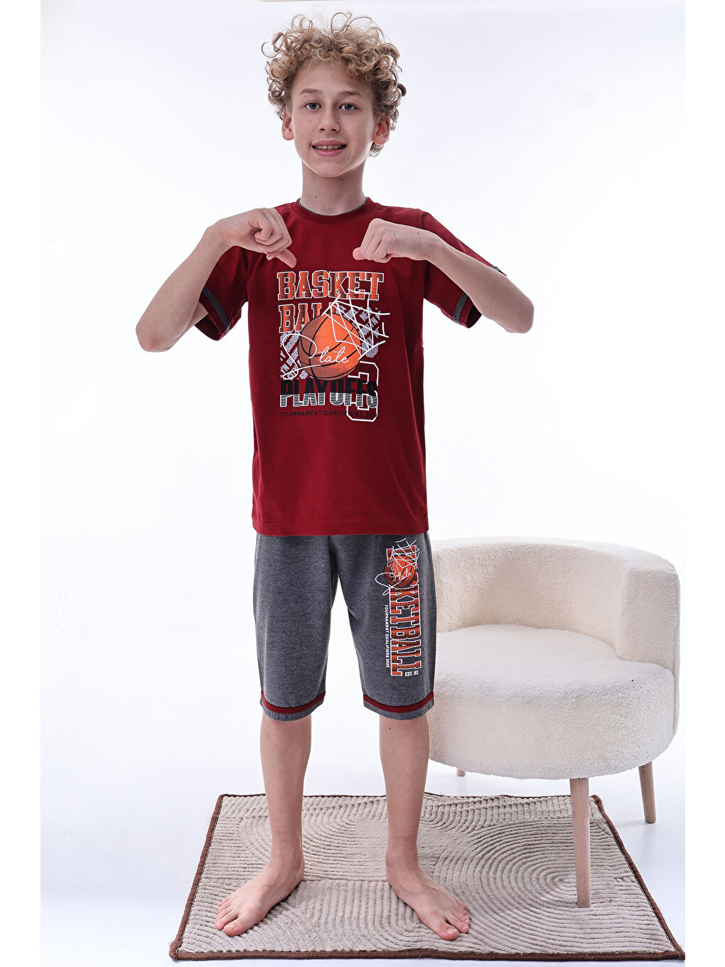 Bordo Erkek Çocuk %100 Doğal Pamuk Kısa Kollu  Kaprili Pijama Takımı-2