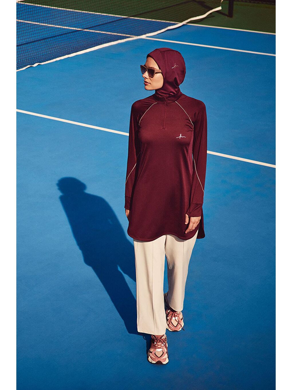 Active H-Per Biyeli Uzun Kollu Fermuarlı Yaka Mor Tesettür Antrenman Tişörtü Act-18-2