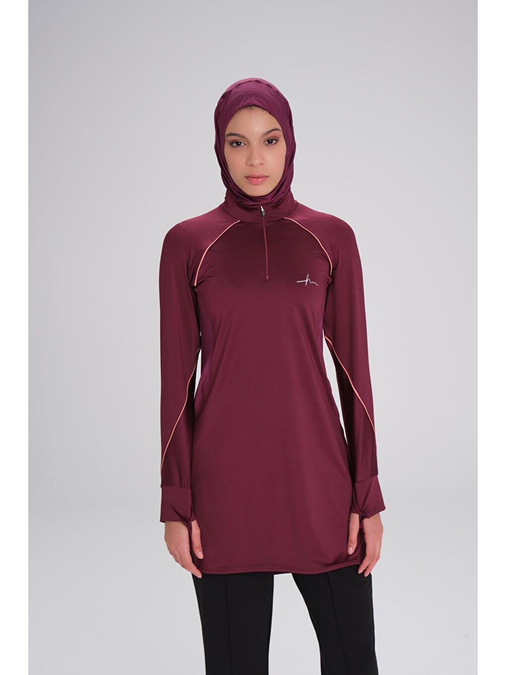 Active H-Per Biyeli Uzun Kollu Fermuarlı Yaka Mor Tesettür Antrenman Tişörtü Act-18-3