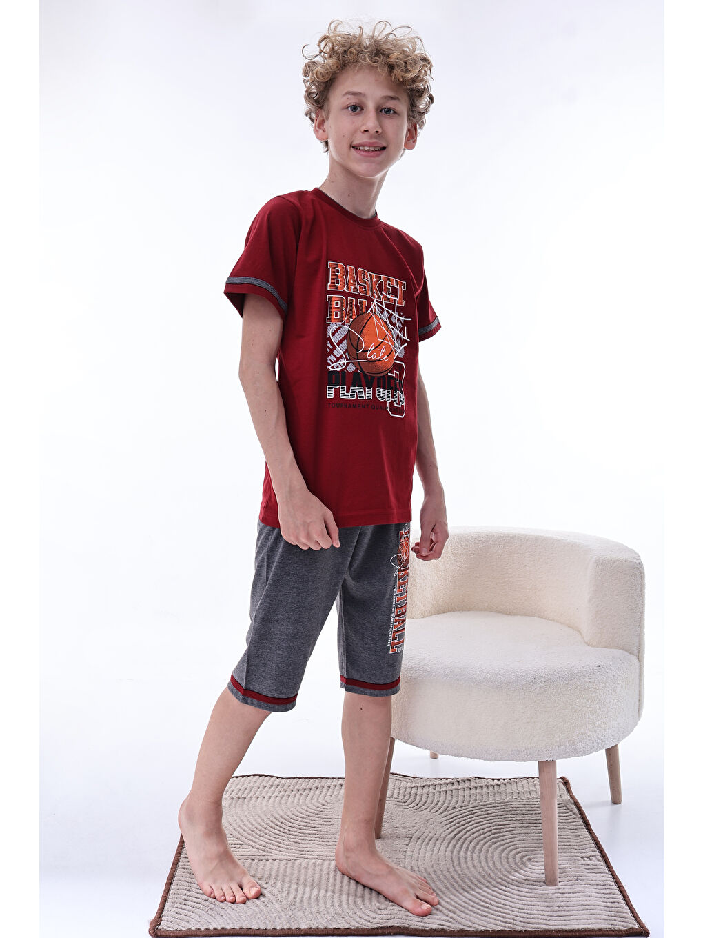 Bordo Erkek Çocuk %100 Doğal Pamuk Kısa Kollu  Kaprili Pijama Takımı-3