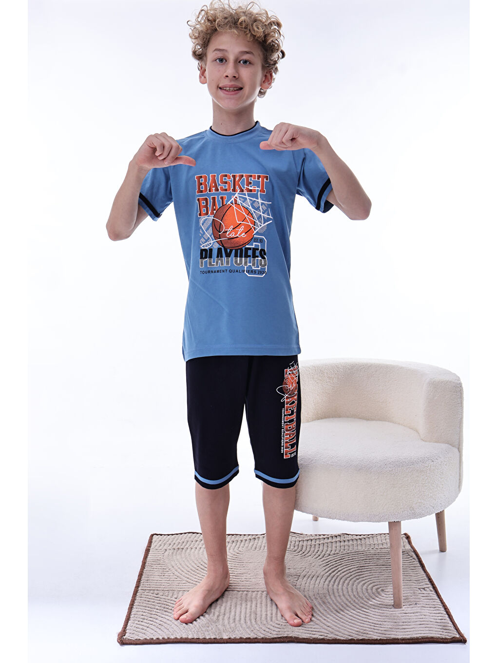 İndigo Erkek Çocuk %100 Doğal Pamuk Kısa Kollu  Kaprili Pijama Takımı-6