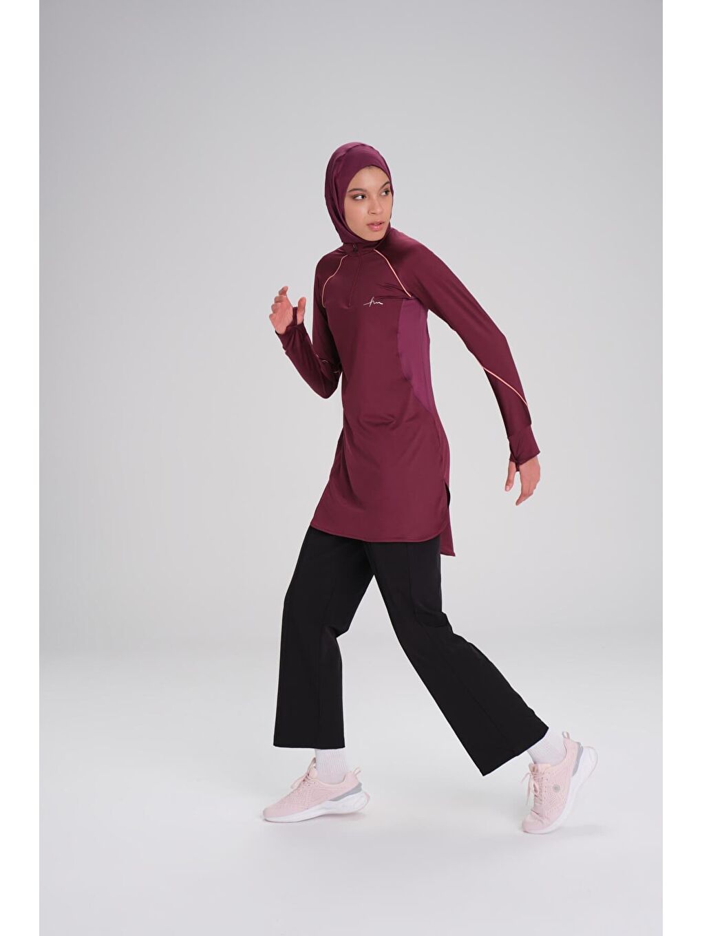 Active H-Per Biyeli Uzun Kollu Fermuarlı Yaka Mor Tesettür Antrenman Tişörtü Act-18-8
