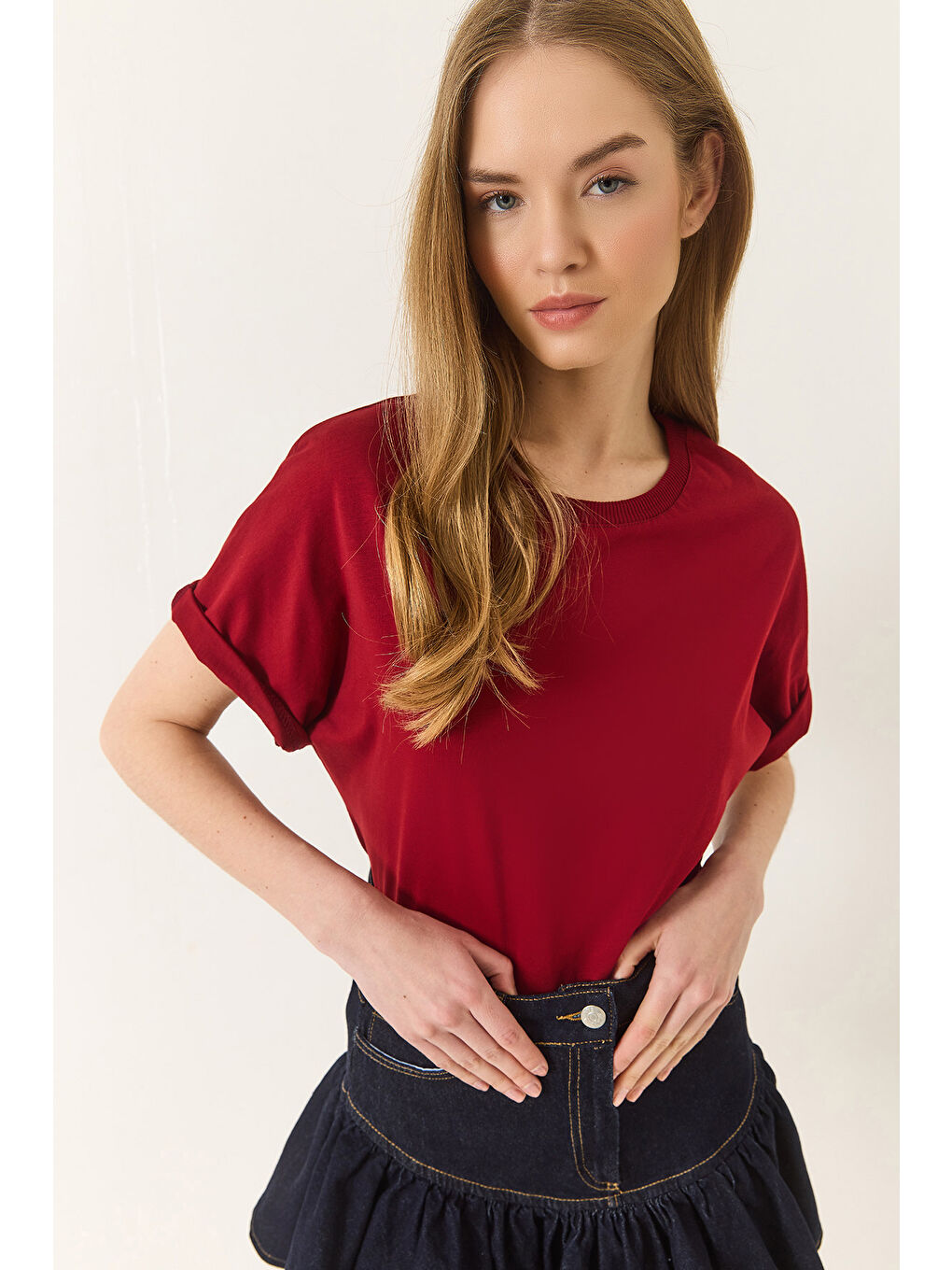 Bordo Kadın Organik Pamuklu Regular Kalıp Bisiklet Yaka Basic Kısa Kollu T-Shirt