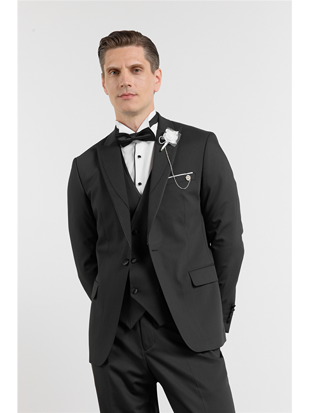 Siyah Kılıç Yaka Düz Desen 6 Drop Slim Fit Esnek Yelekli Takım Elbise 1001260290-2