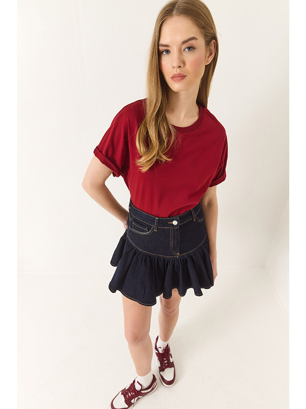 Bordo Kadın Organik Pamuklu Regular Kalıp Bisiklet Yaka Basic Kısa Kollu T-Shirt-1