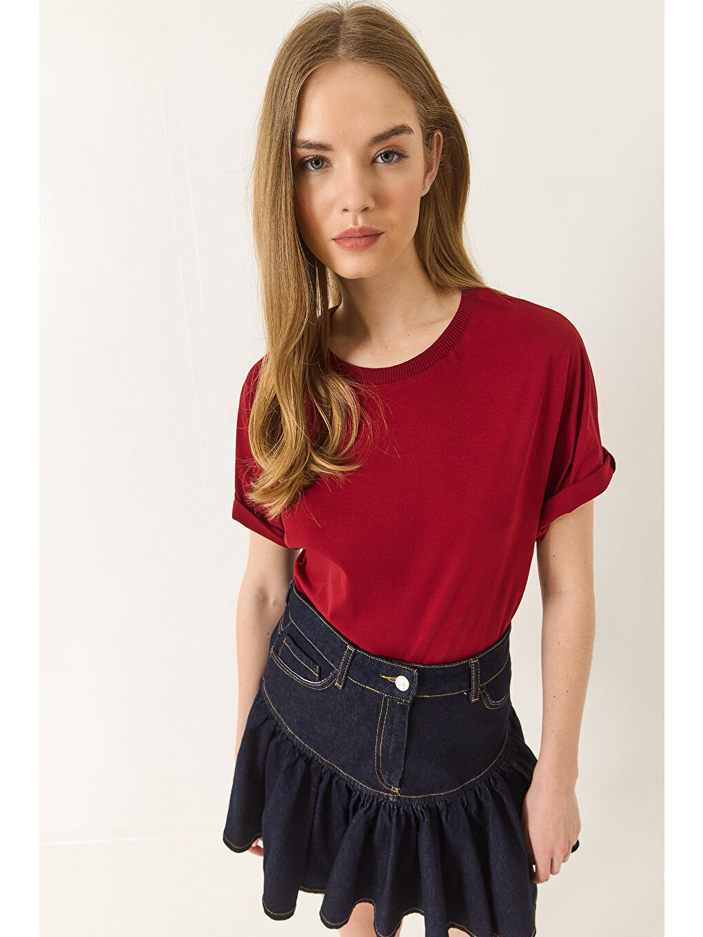 Bordo Kadın Organik Pamuklu Regular Kalıp Bisiklet Yaka Basic Kısa Kollu T-Shirt-2