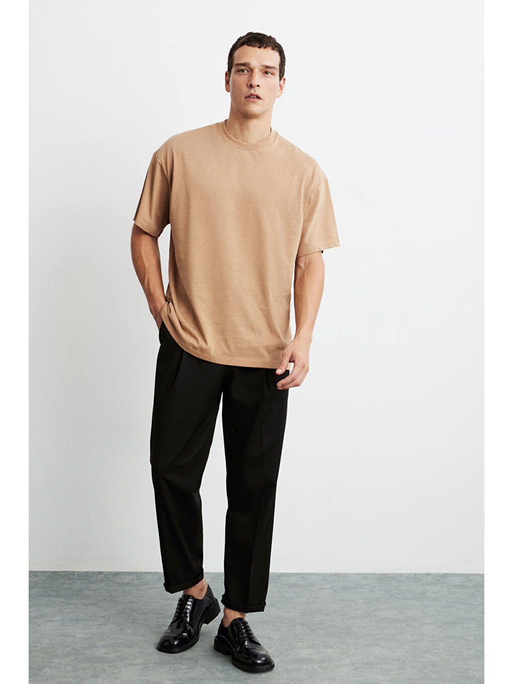 Kahverengi JETT Erkek Oversize Fit %100 organik Pamuk Kalın Dokulu Bisiklet Yakalı KAHVERENGİ T-Shirt-2