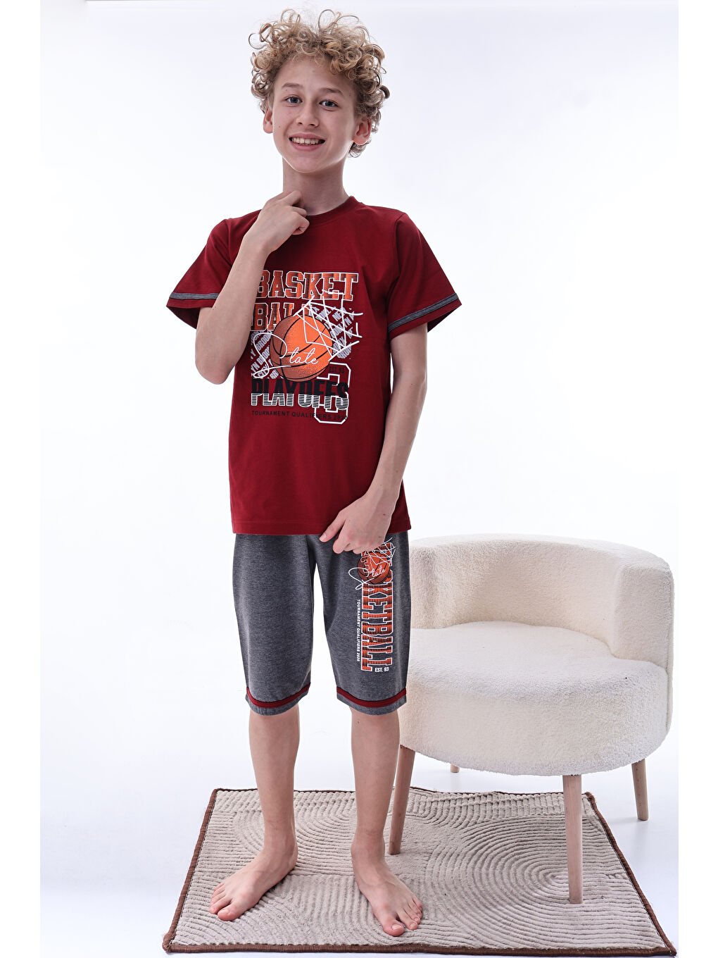 Bordo Erkek Çocuk %100 Doğal Pamuk Kısa Kollu  Kaprili Pijama Takımı-4