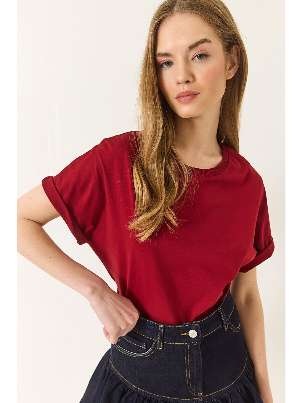 Bordo Kadın Organik Pamuklu Regular Kalıp Bisiklet Yaka Basic Kısa Kollu T-Shirt-3