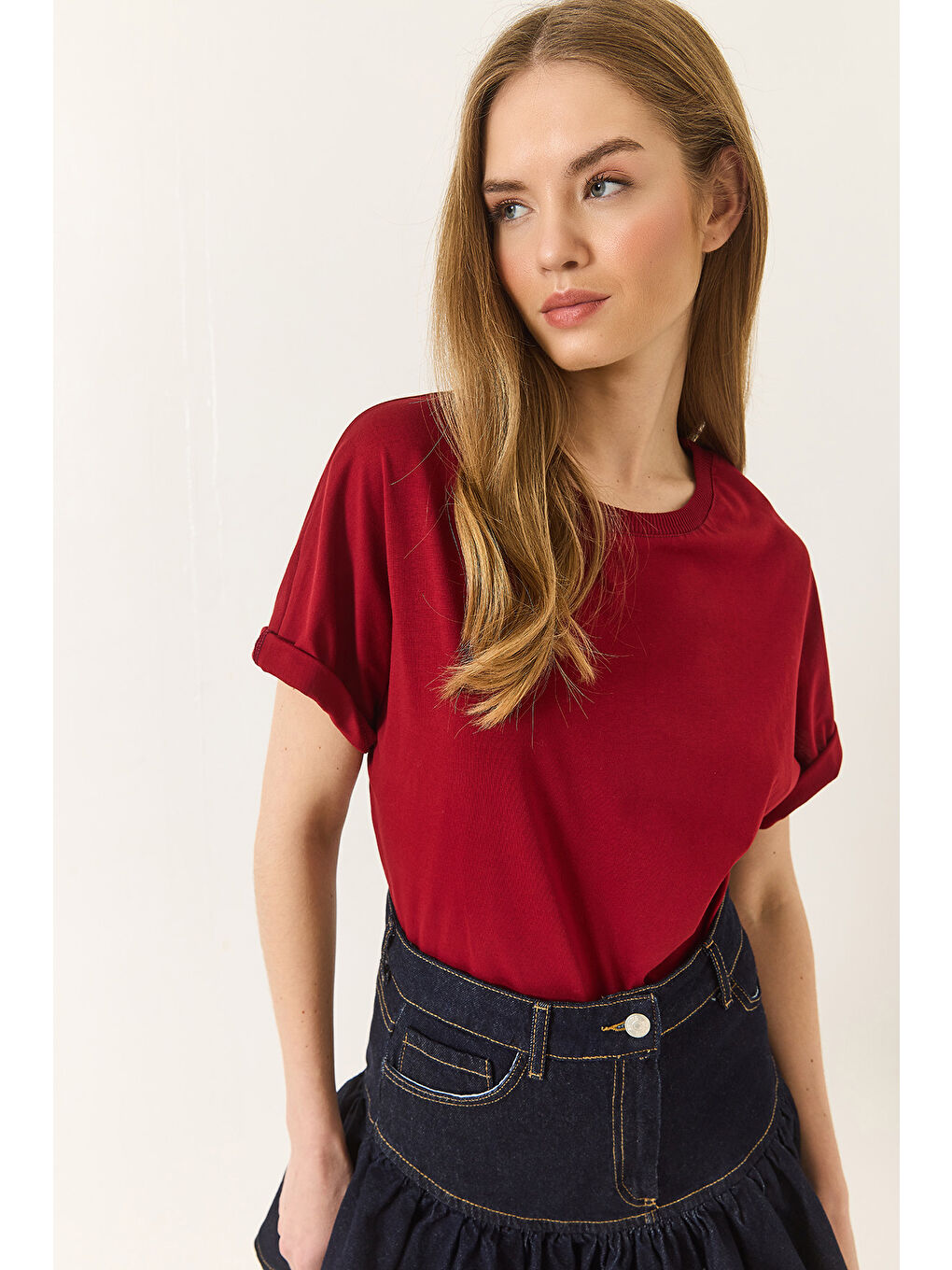 Bordo Kadın Organik Pamuklu Regular Kalıp Bisiklet Yaka Basic Kısa Kollu T-Shirt-4