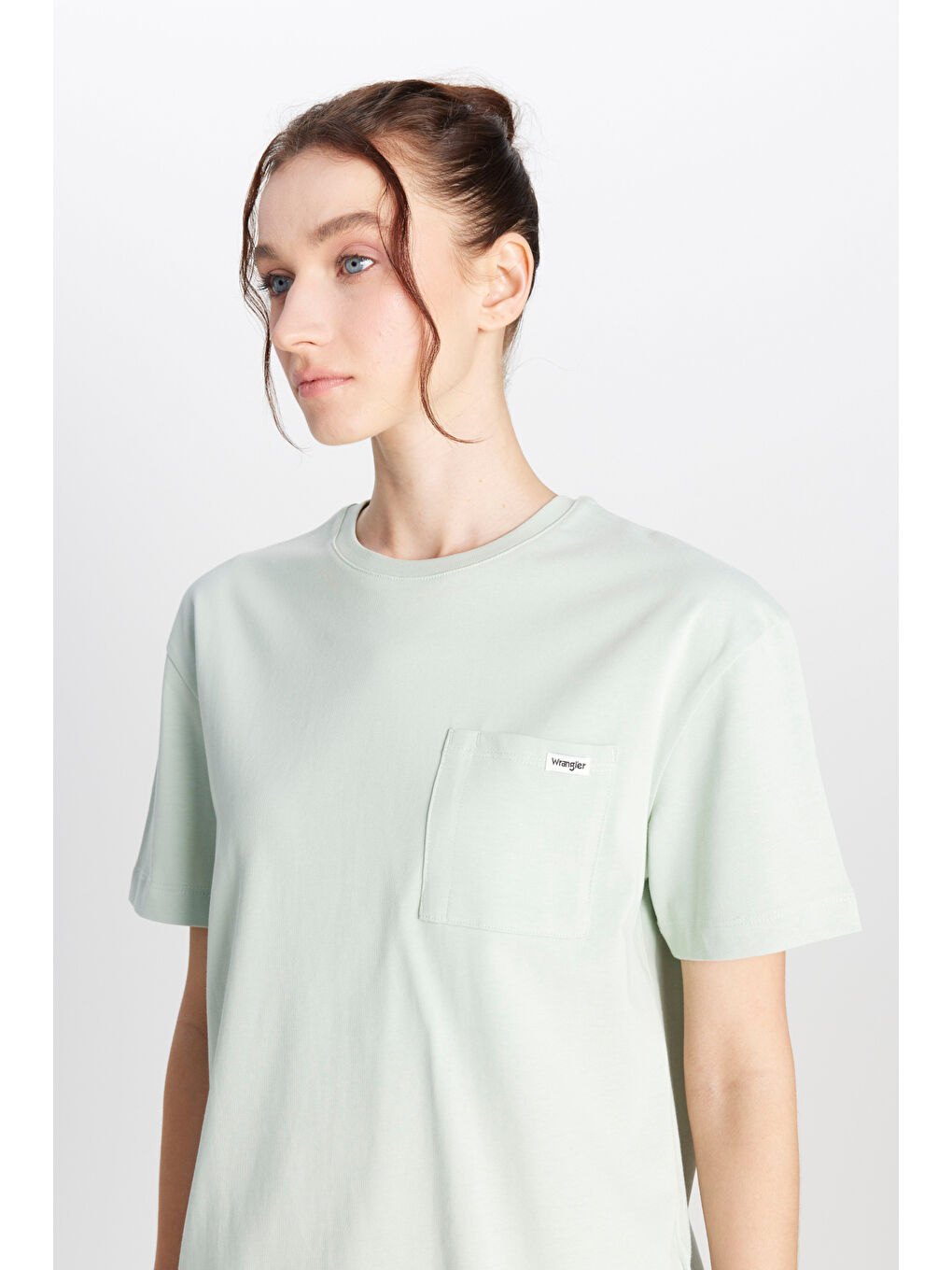 Gri %100 Pamuk Regular Fit Normal Kesim Bisiklet Yaka Cep Detaylı Açıık Yeşil Tişört-3