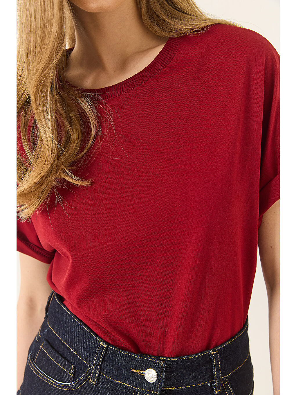 Bordo Kadın Organik Pamuklu Regular Kalıp Bisiklet Yaka Basic Kısa Kollu T-Shirt-5