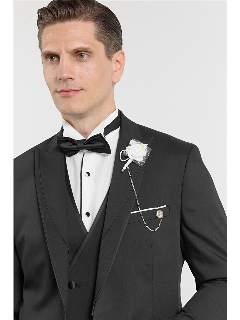 Siyah Kılıç Yaka Düz Desen 6 Drop Slim Fit Esnek Yelekli Takım Elbise 1001260290-3