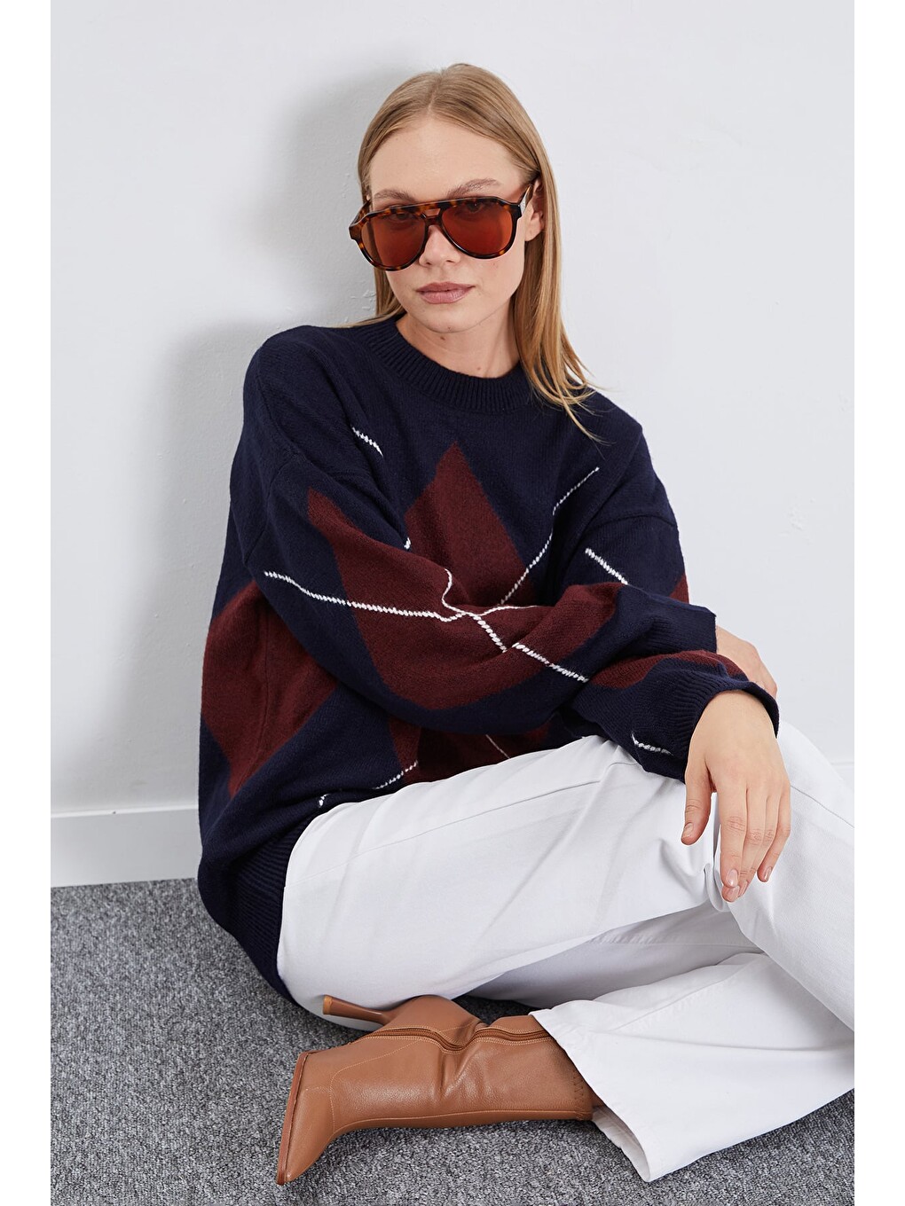 Bordo Baklava Desenli Oversize Kazak-1