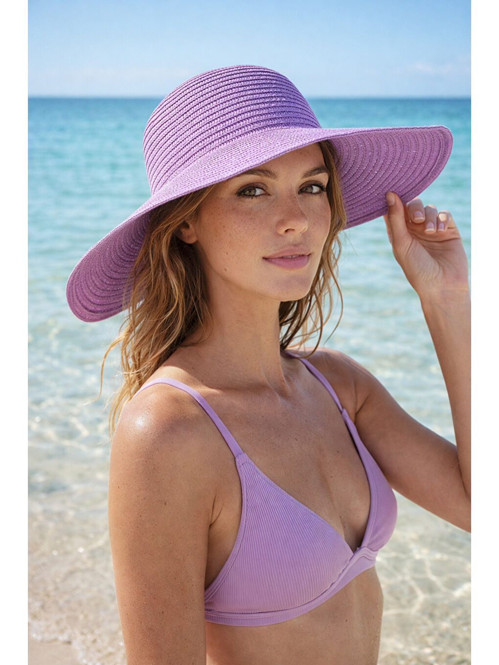 Hasır Geniş Kenarlı Lila Örgü Desenli Moda Ve Fonksiyonel Şapka Güneşten Koruma Hsr2005 PEMBE-3