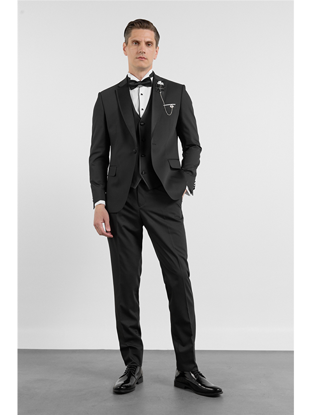 Siyah Mono Yaka Düz Desen 6 Drop Slim Fit Esnek Takım Elbise 1001260201-1