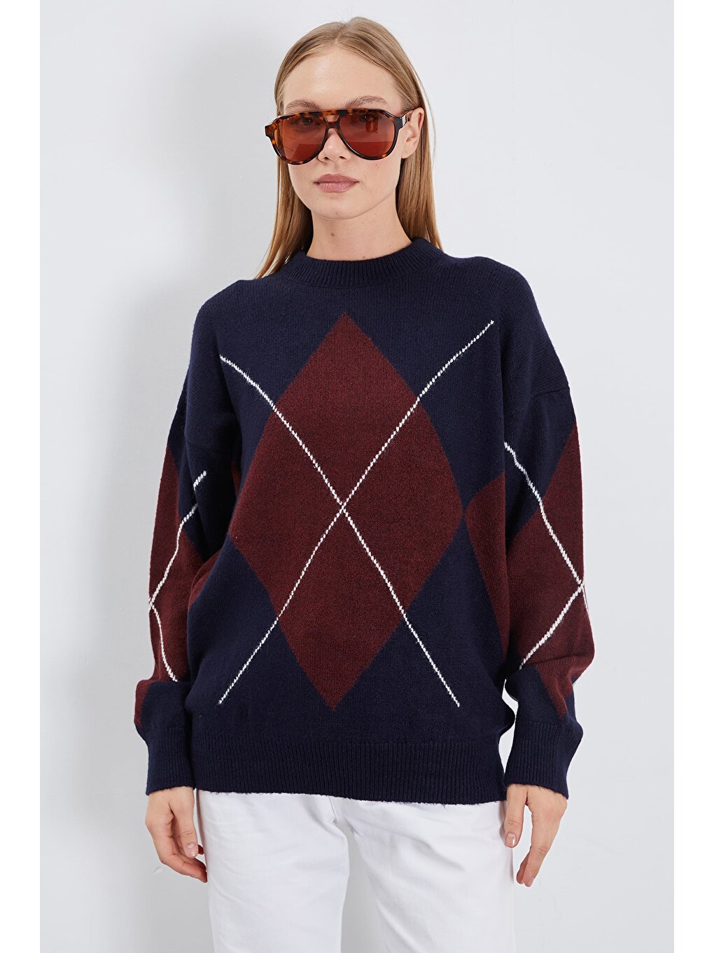 Bordo Baklava Desenli Oversize Kazak-2