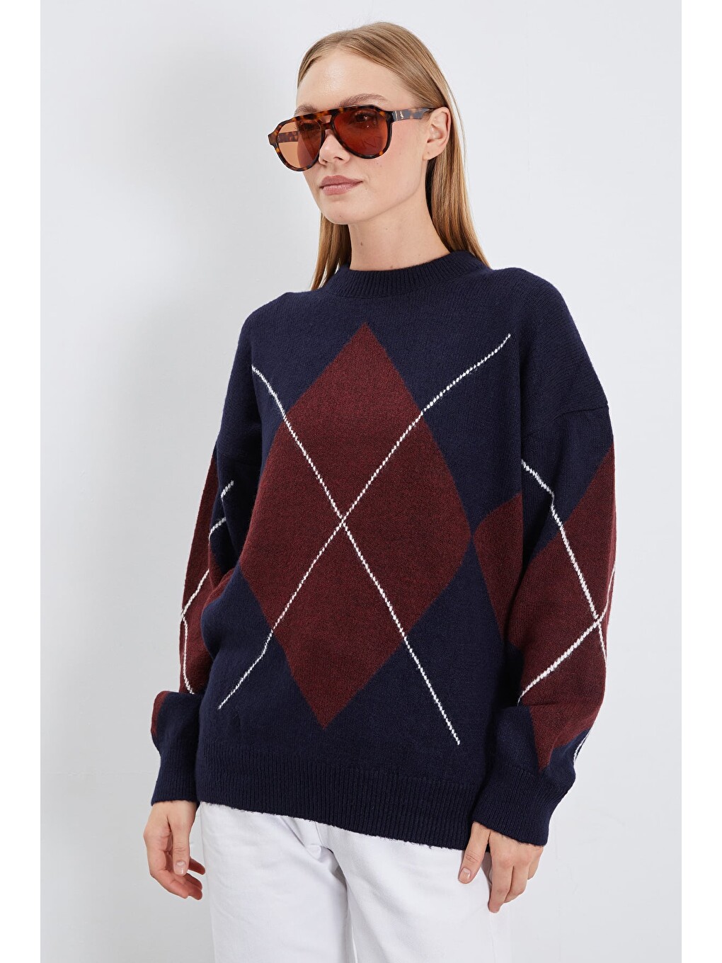 Bordo Baklava Desenli Oversize Kazak-3