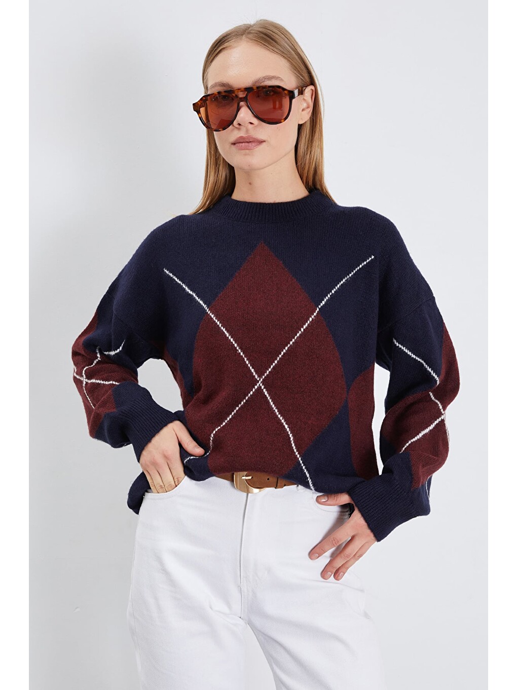 Bordo Baklava Desenli Oversize Kazak-4