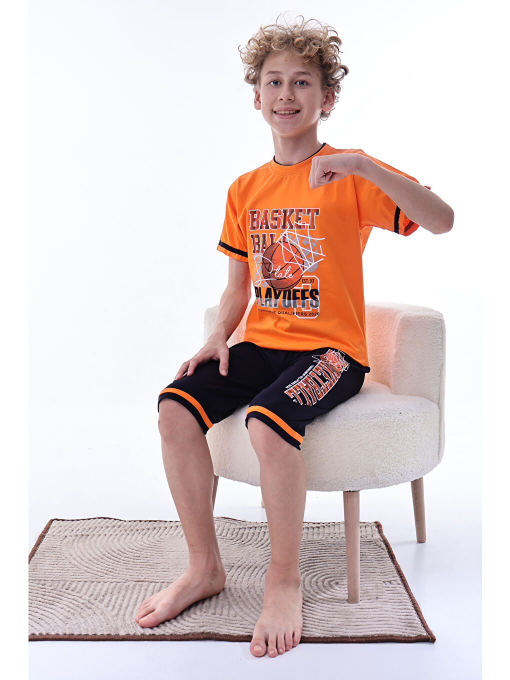 Turuncu Erkek Çocuk %100 Doğal Pamuk Kısa Kollu  Kaprili Pijama Takımı-1