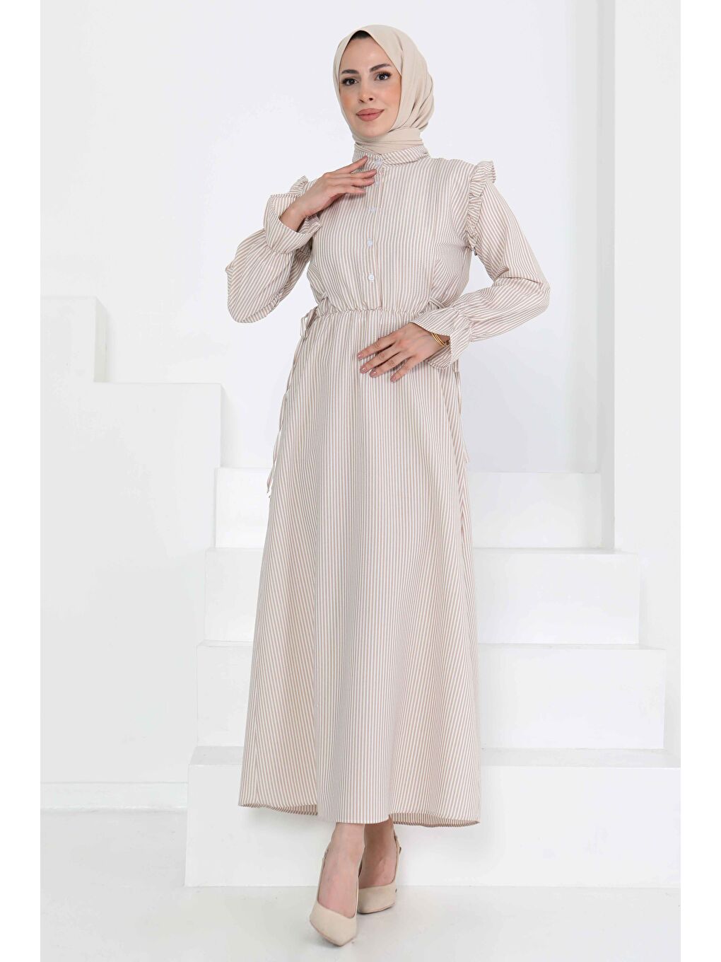 Bej Çizgili Elbise Vizon - 27187