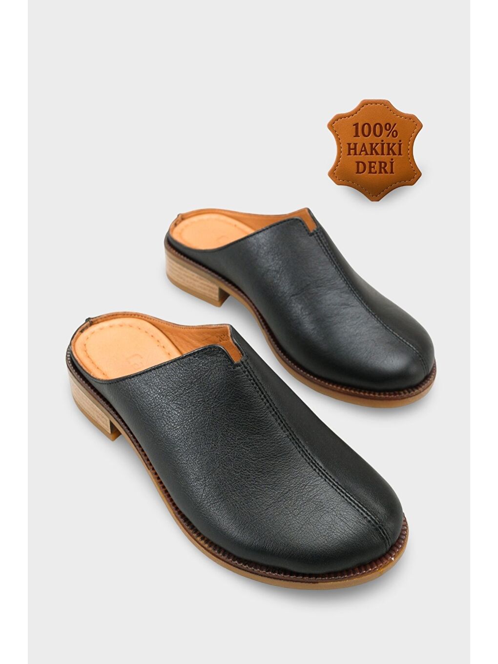 Siyah Nancey Hakiki Deri Kısa Topuklu Kadın Sabo Terlik-1