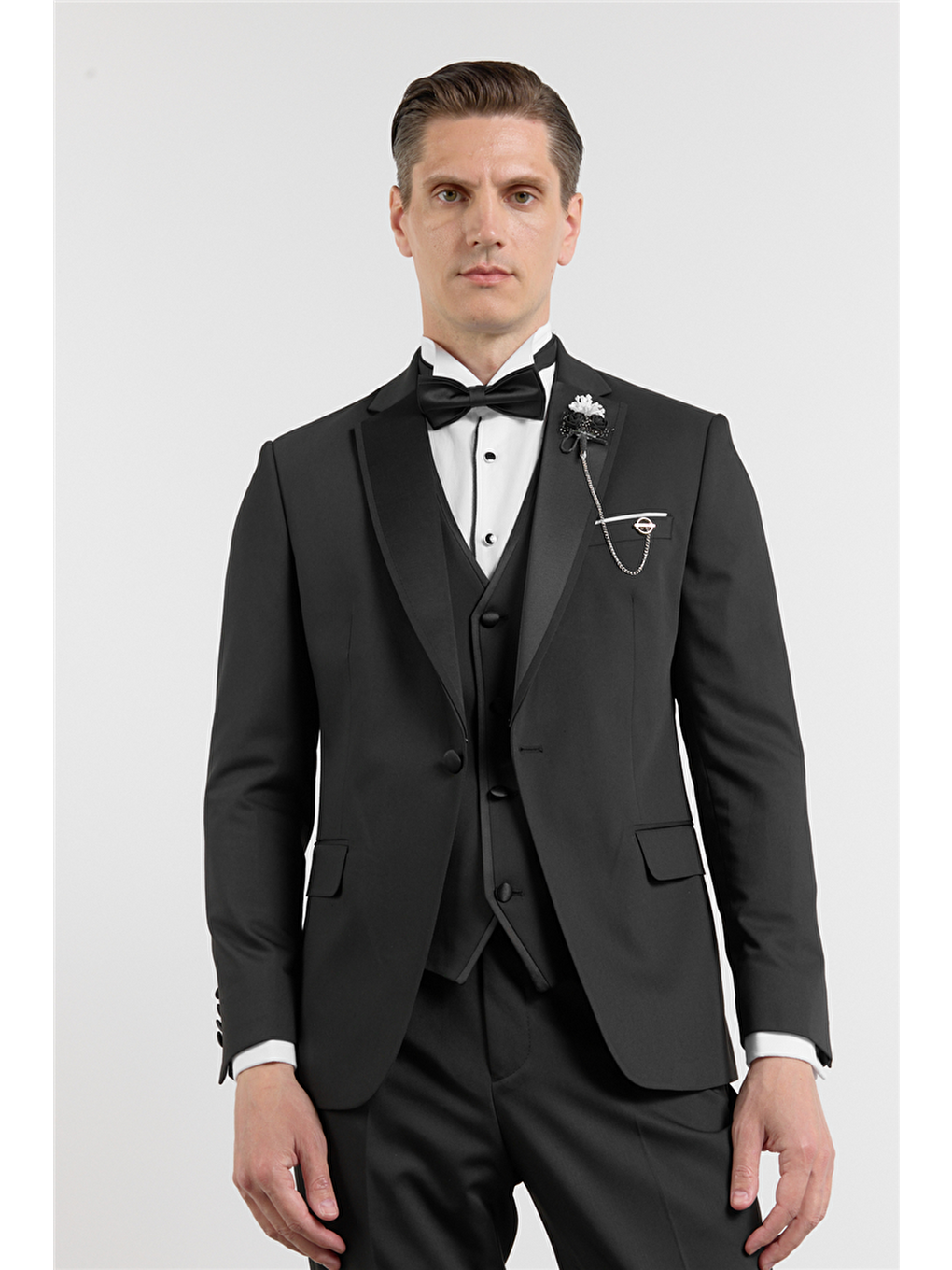 Siyah Mono Yaka Düz Desen 6 Drop Slim Fit Esnek Takım Elbise 1001260201-2