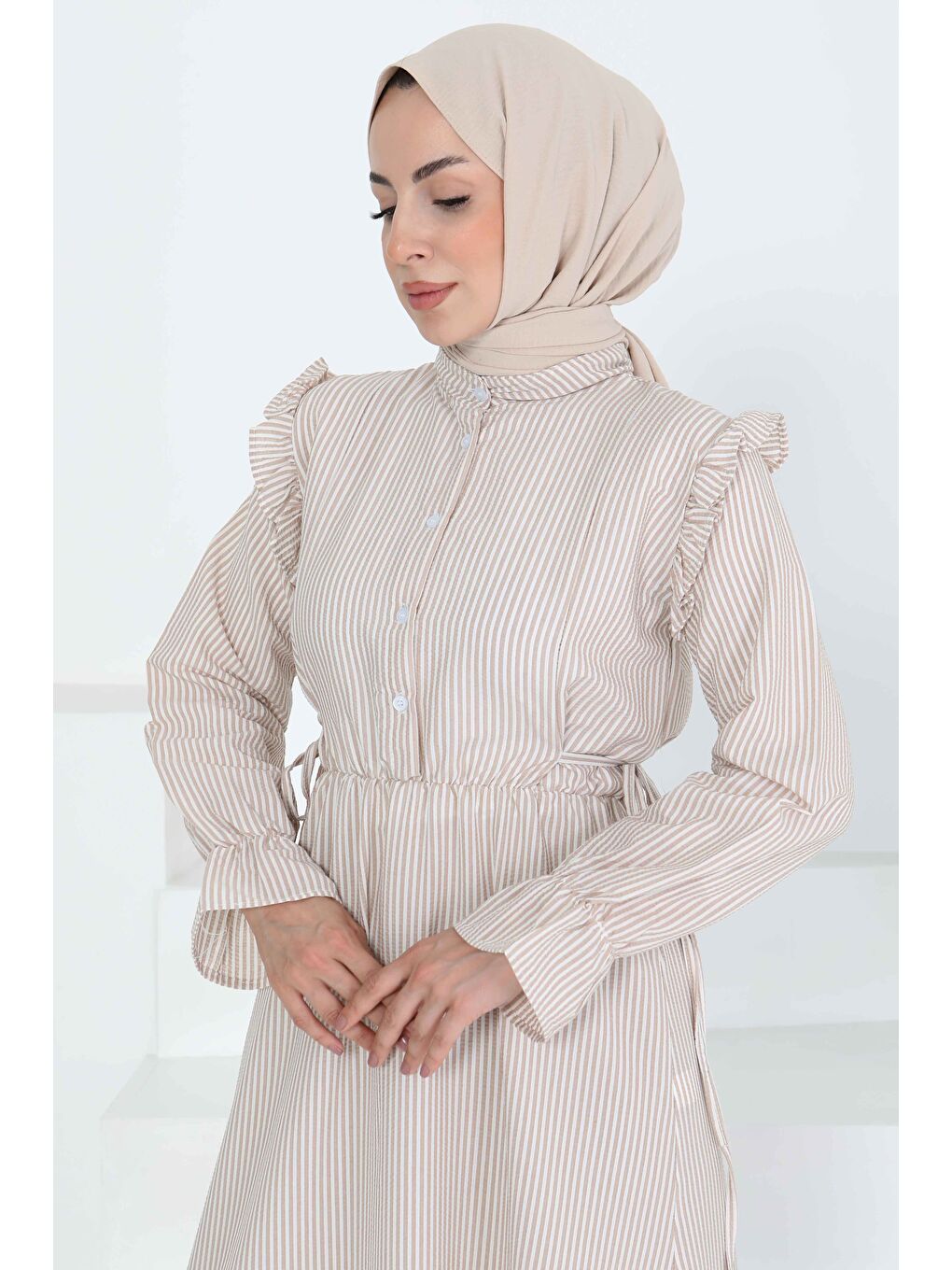 Bej Çizgili Elbise Vizon - 27187-1