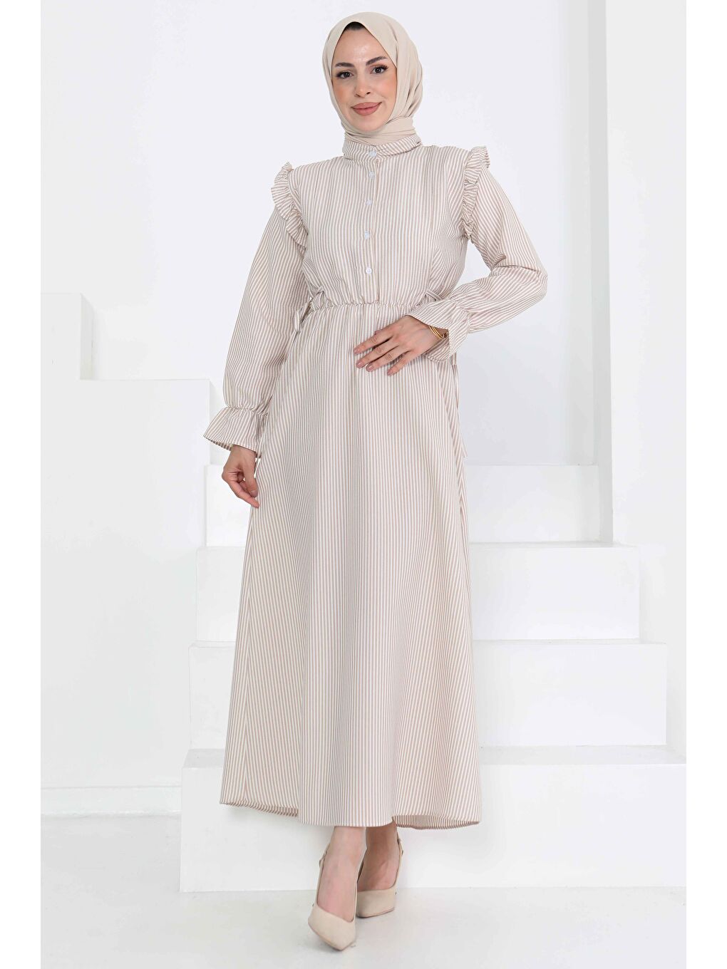 Bej Çizgili Elbise Vizon - 27187-2