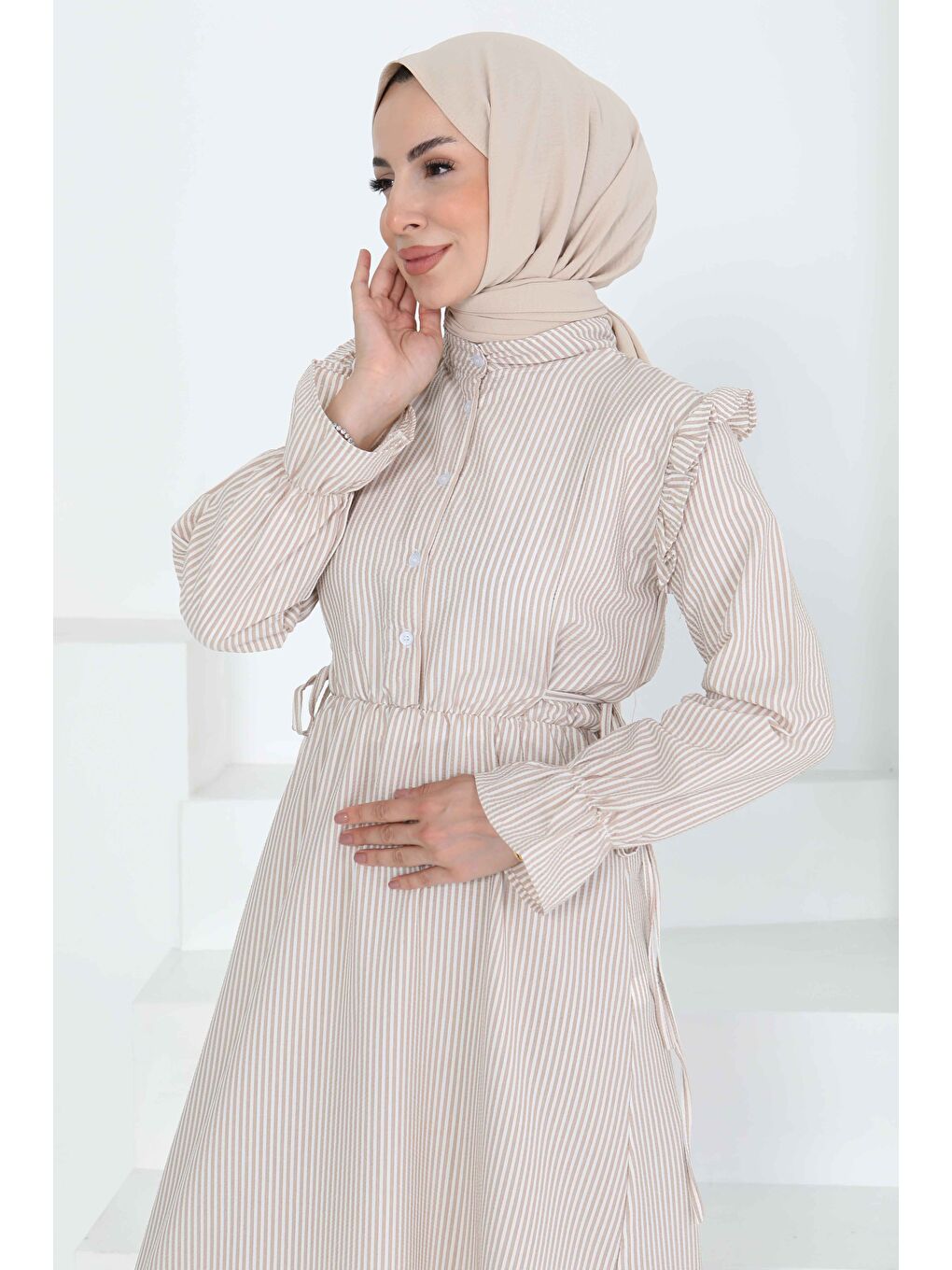 Bej Çizgili Elbise Vizon - 27187-3