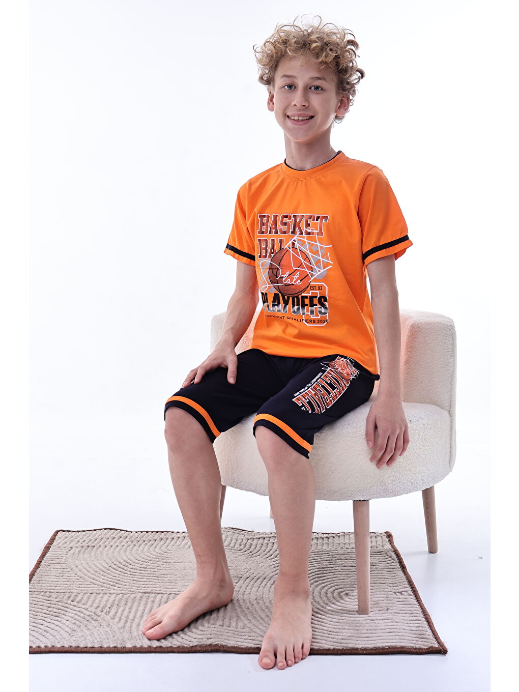 Turuncu Erkek Çocuk %100 Doğal Pamuk Kısa Kollu  Kaprili Pijama Takımı-2