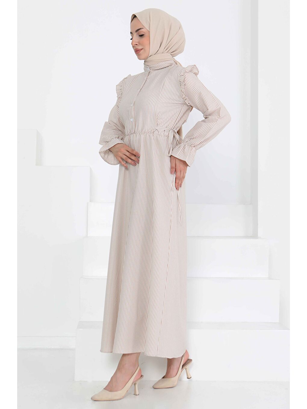 Bej Çizgili Elbise Vizon - 27187-4